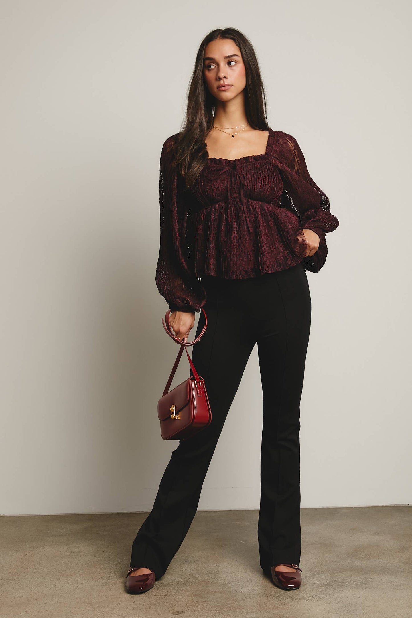 Pleated Lace Peplum Blouse
