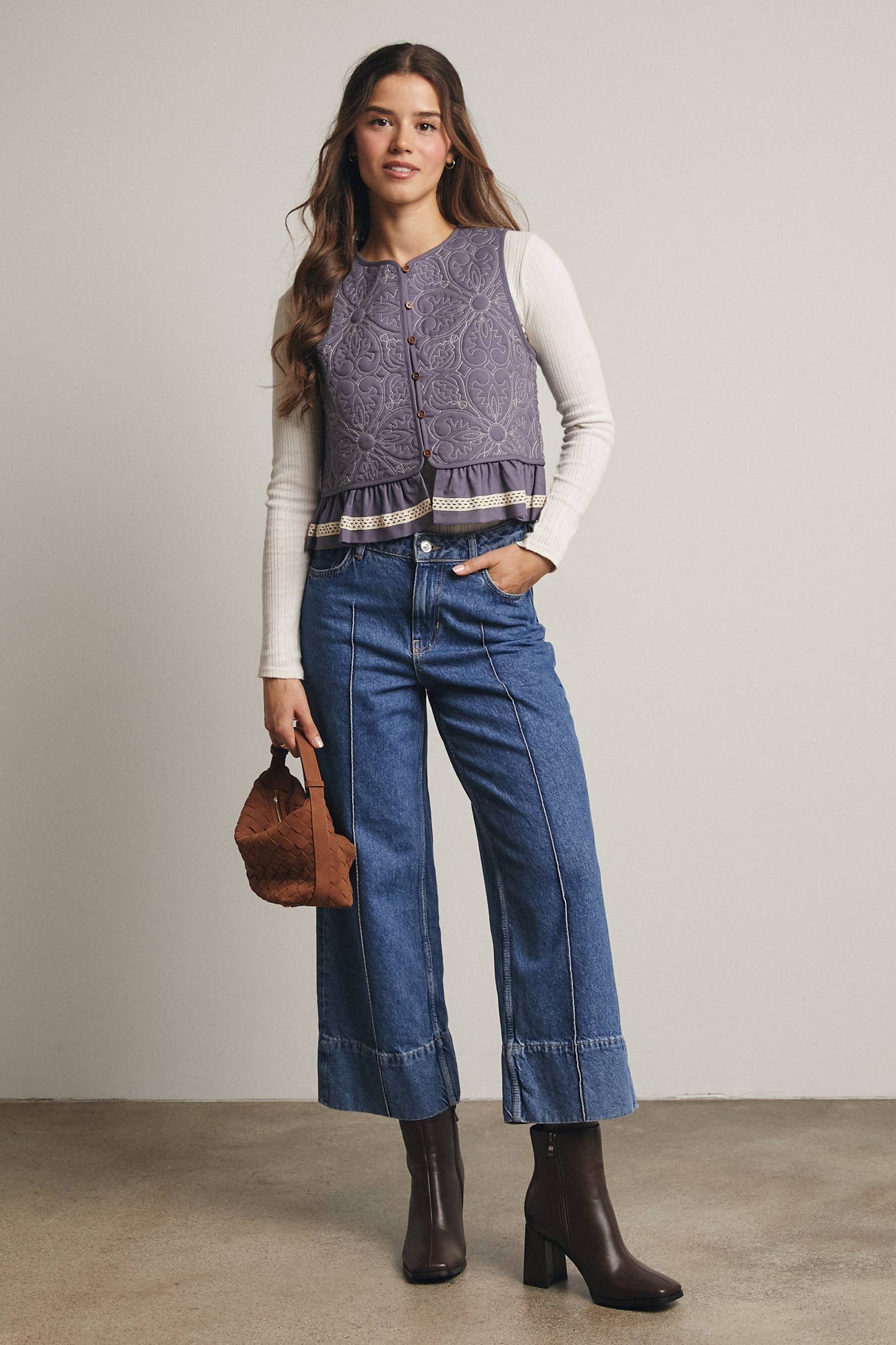 Quilted Peplum Vest with Lace Trim