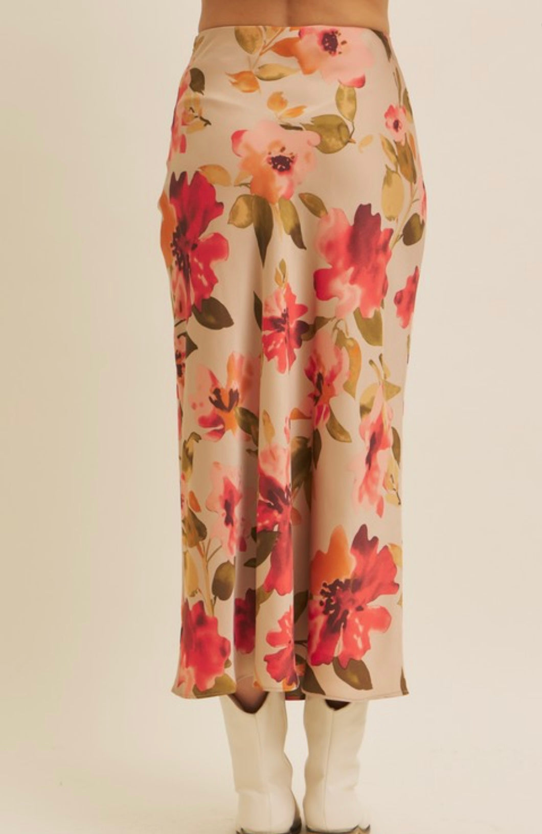 Floral Printed Satin Bias Cut Maxi Skirt