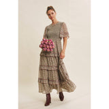 SMOCKED FLORAL CHIFFON MAXI DRESS