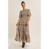 SMOCKED FLORAL CHIFFON MAXI DRESS