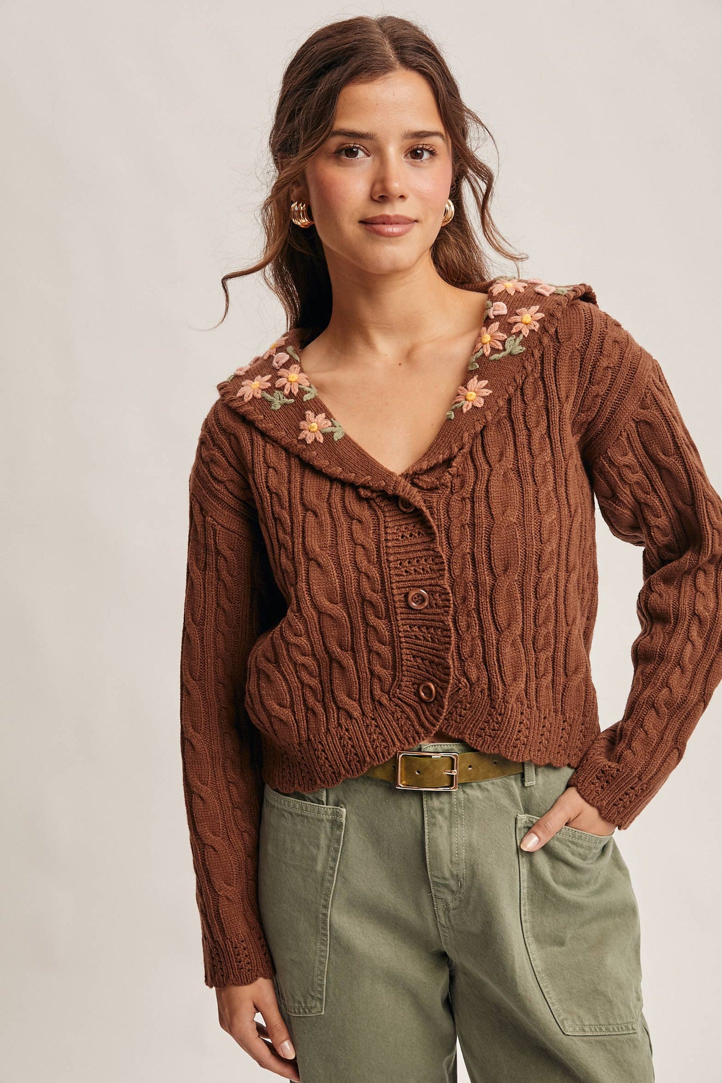 Cable Knit Embroidered Collar Cardigan