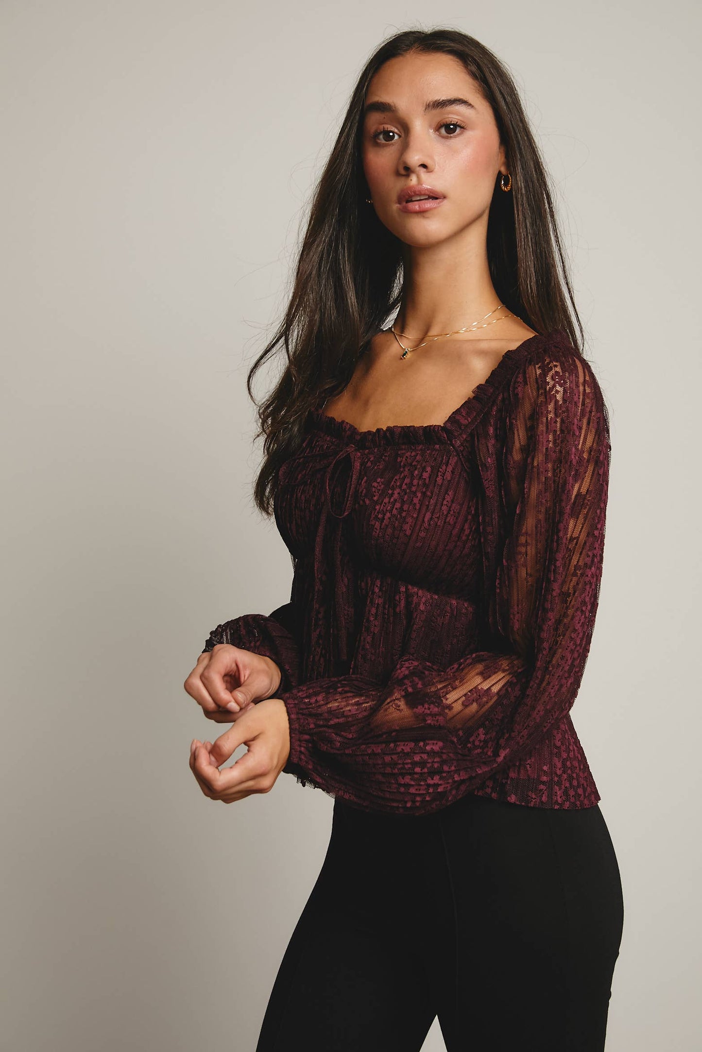 Pleated Lace Peplum Blouse