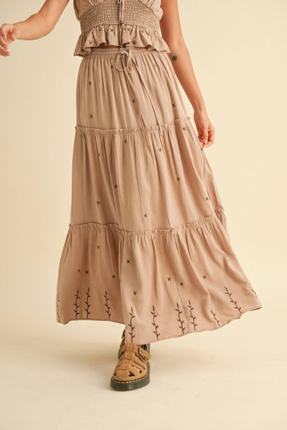 Embroidered Tiered Midi Skirt