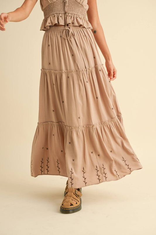 Embroidered Tiered Midi Skirt