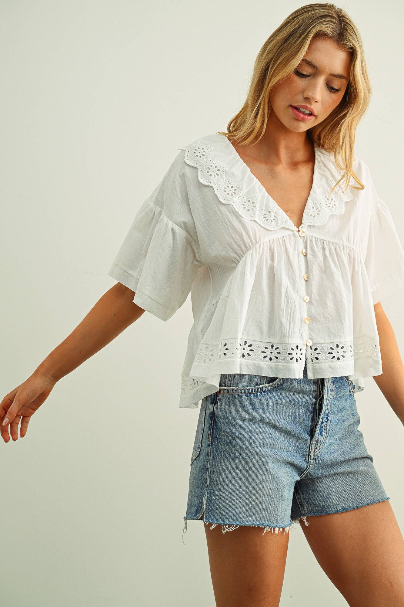 Coastal Eyelet Ruffle Blouse