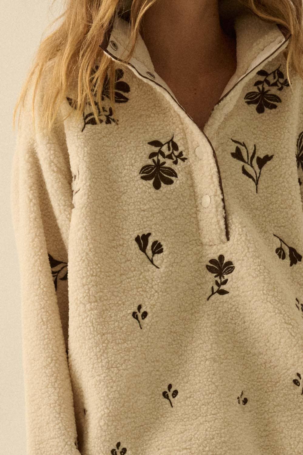 Floral-Embroidered Fleece Pullover