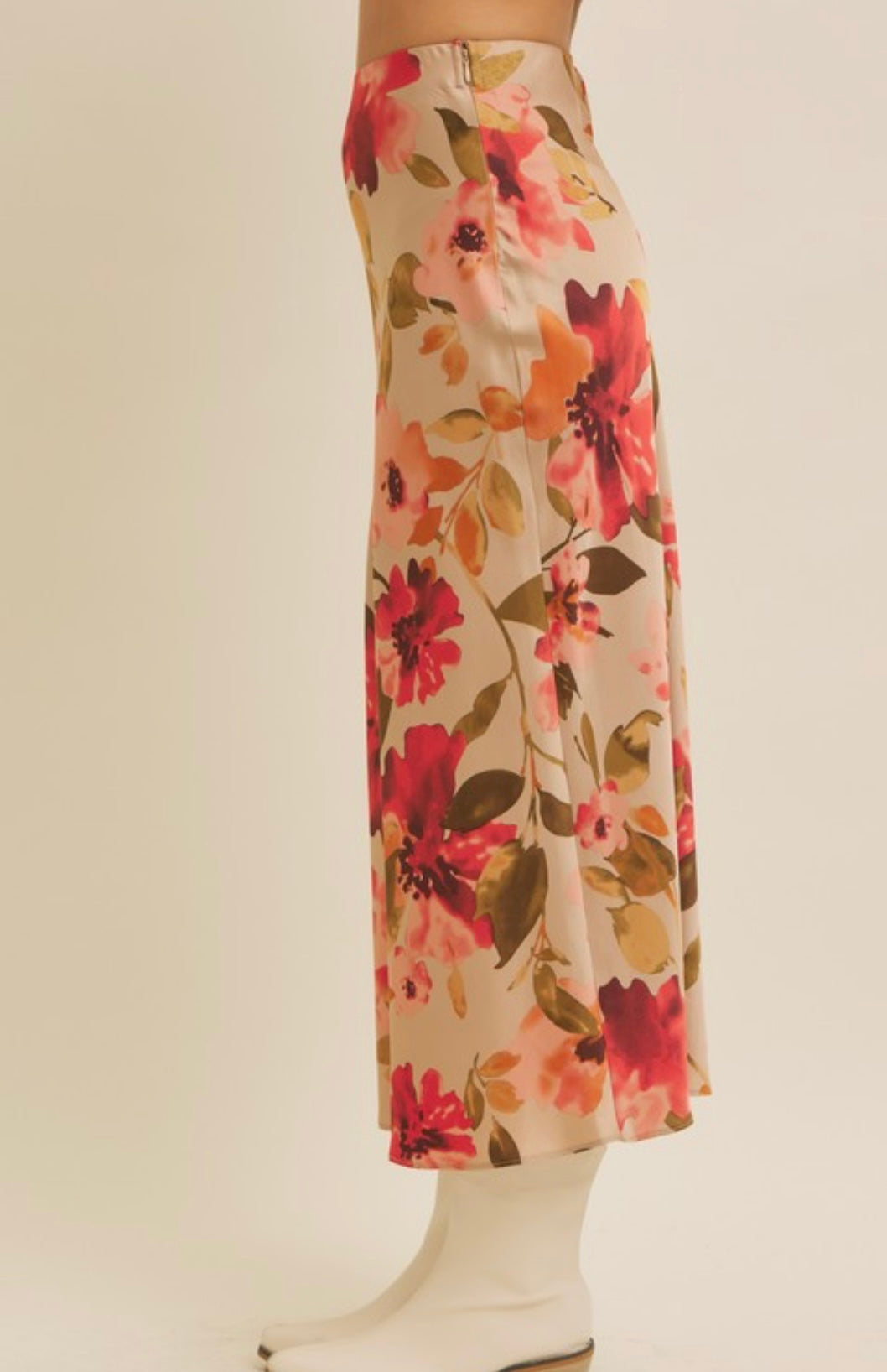 Floral Printed Satin Bias Cut Maxi Skirt