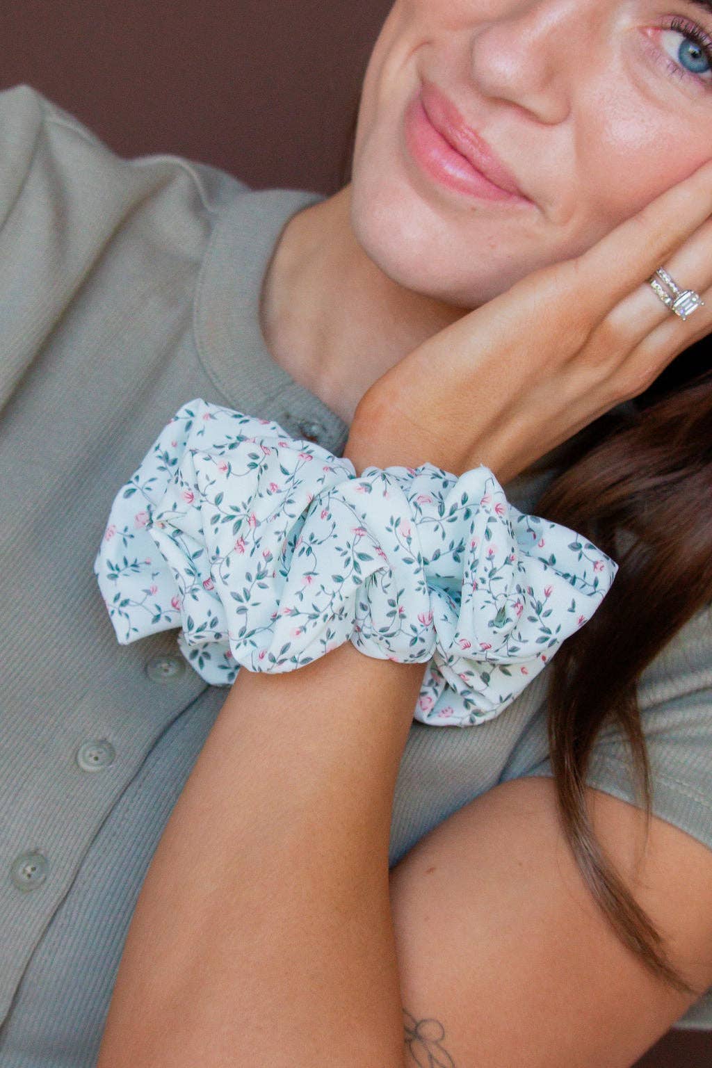 Mint Floral Jumbo Scrunchie