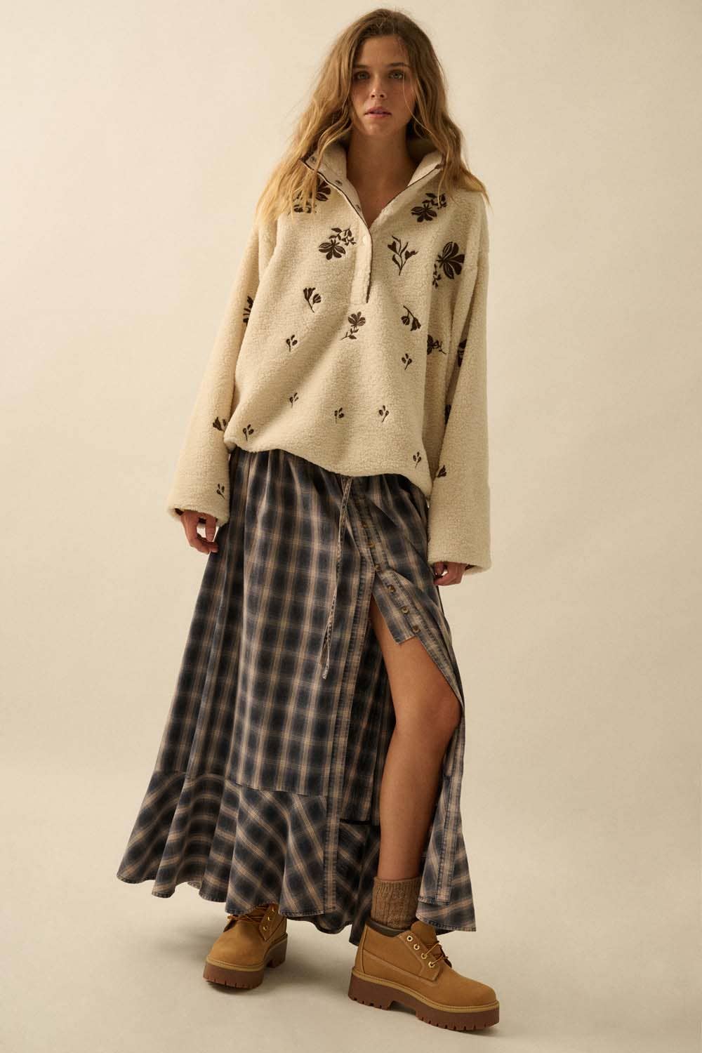 Floral-Embroidered Fleece Pullover