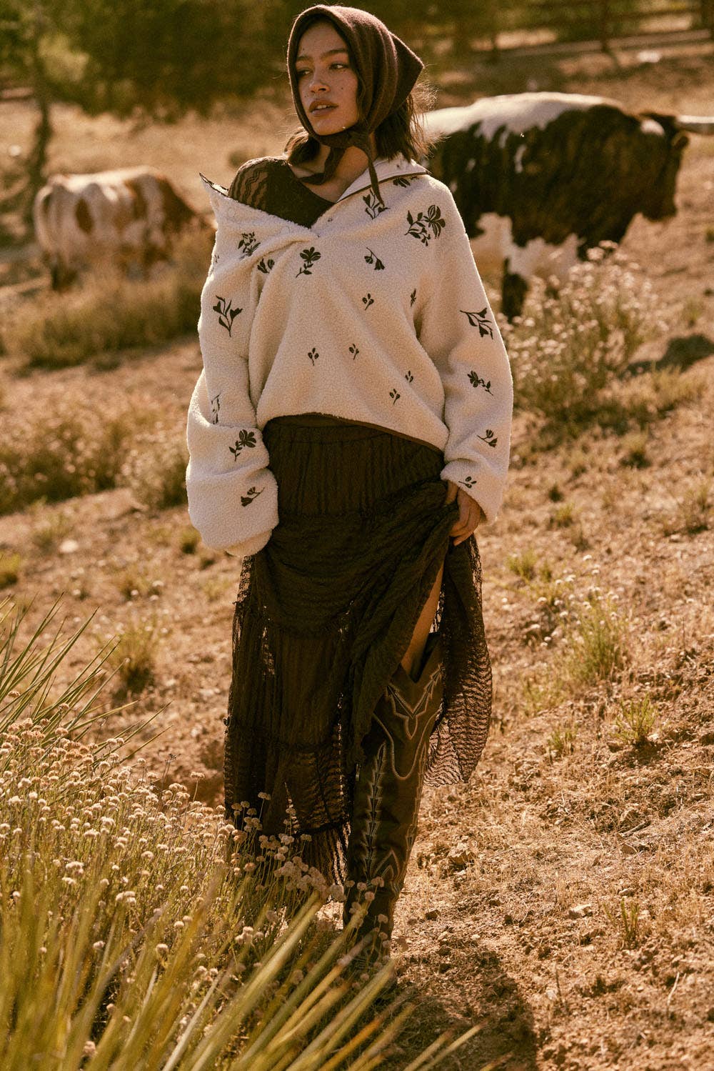 Floral-Embroidered Fleece Pullover