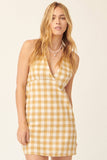 Plaid Print Woven Surplice Neck Mini Dress