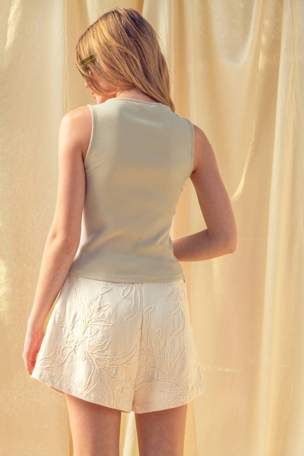 Sage Ribbed Button Detail Top