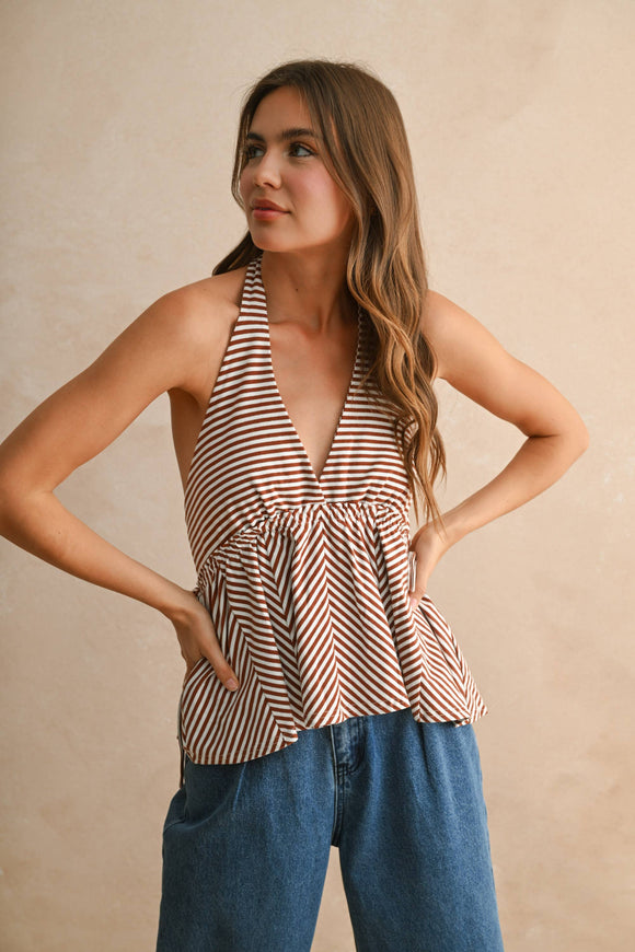 STRIPED JERSEY KNITTED HALTER NECK TOP