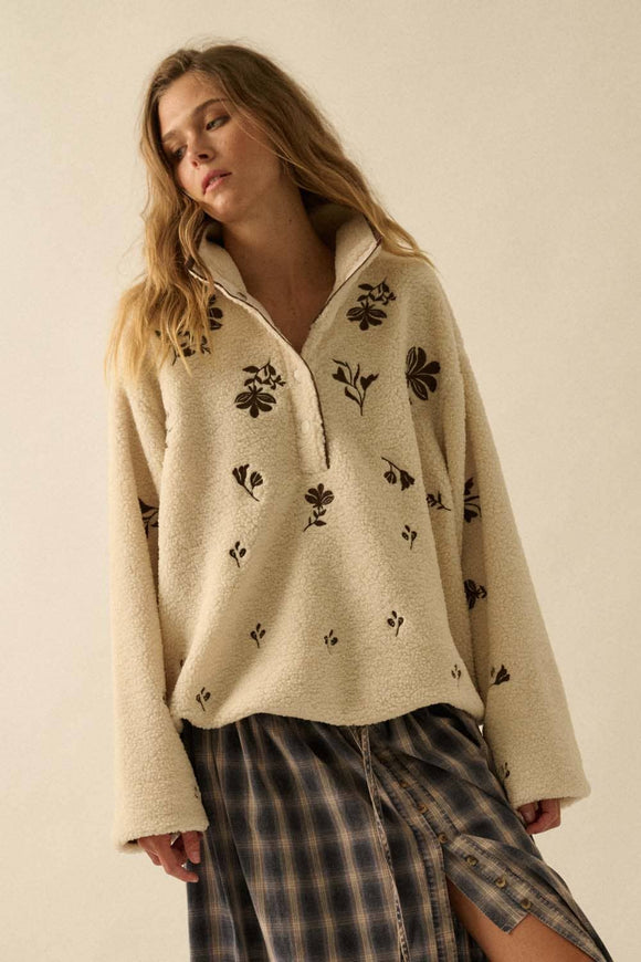 Floral-Embroidered Fleece Pullover