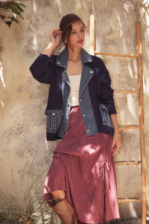 Washed Denim And Sweater Mixed Oversized Cardigan