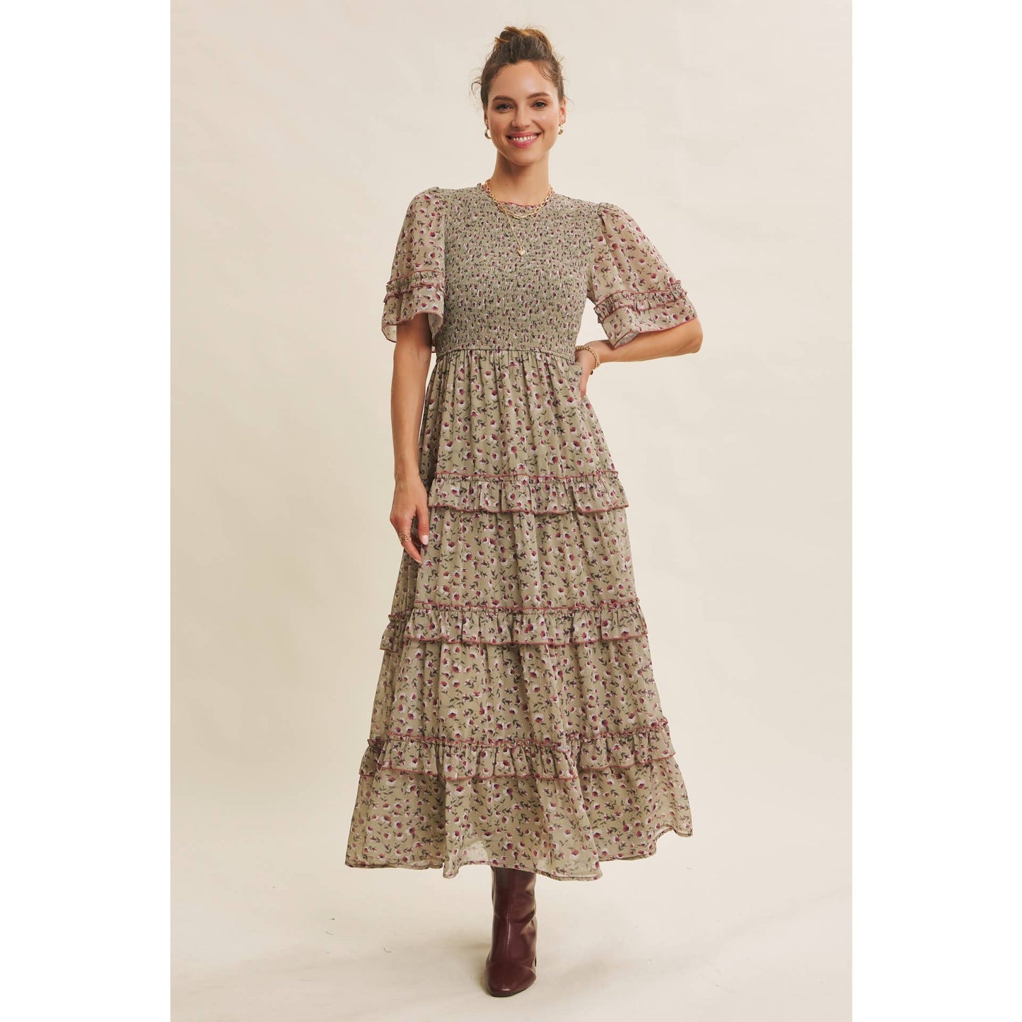 Smocked Floral Chiffon Maxi Dress