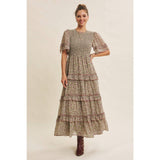 SMOCKED FLORAL CHIFFON MAXI DRESS
