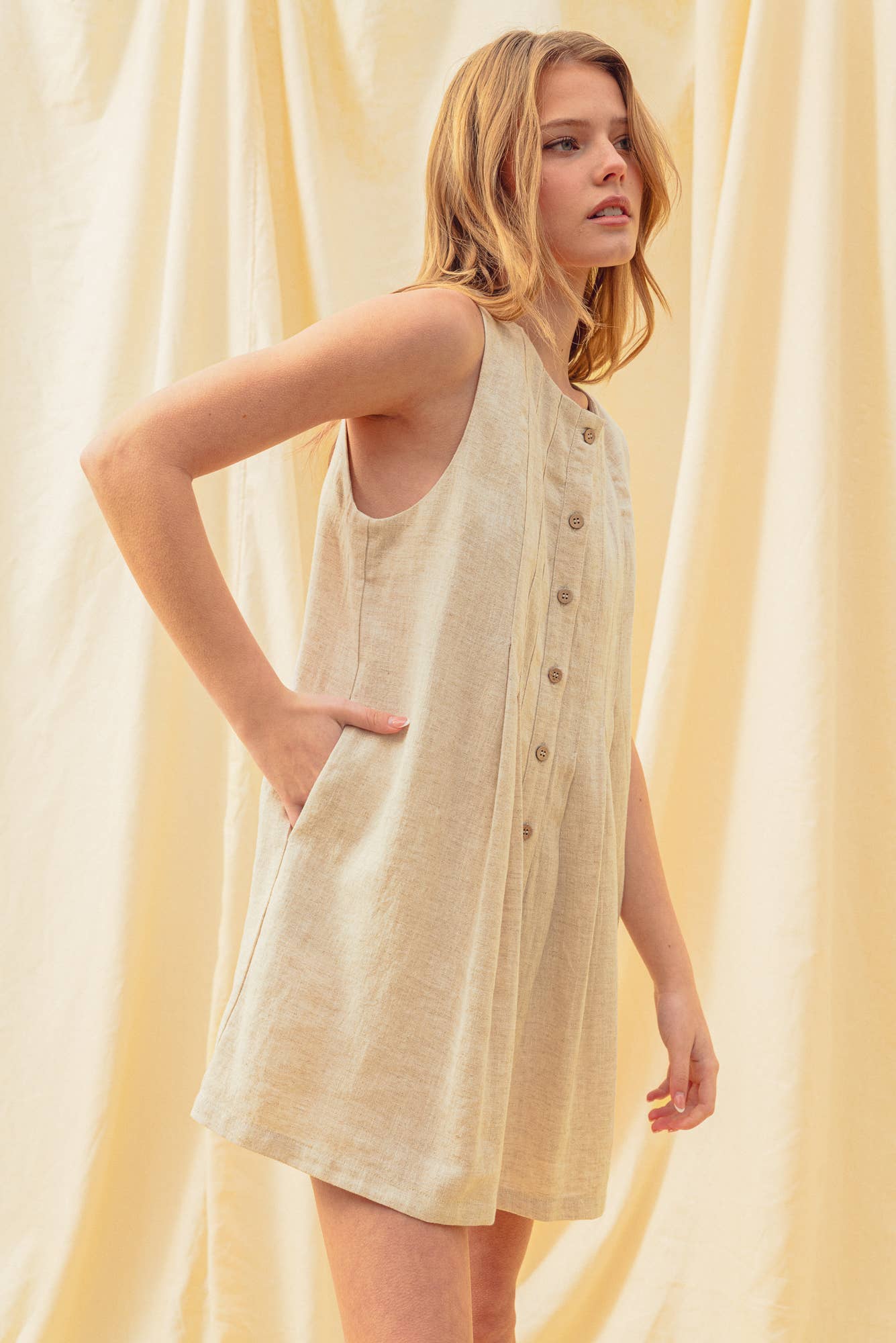 Pleated Front Linen Romper