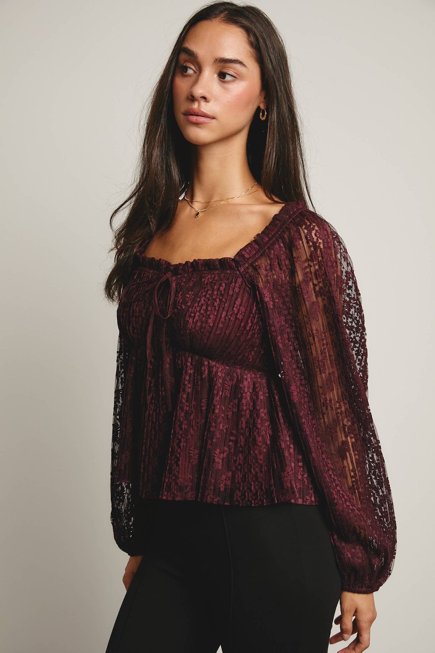 Pleated Lace Peplum Blouse