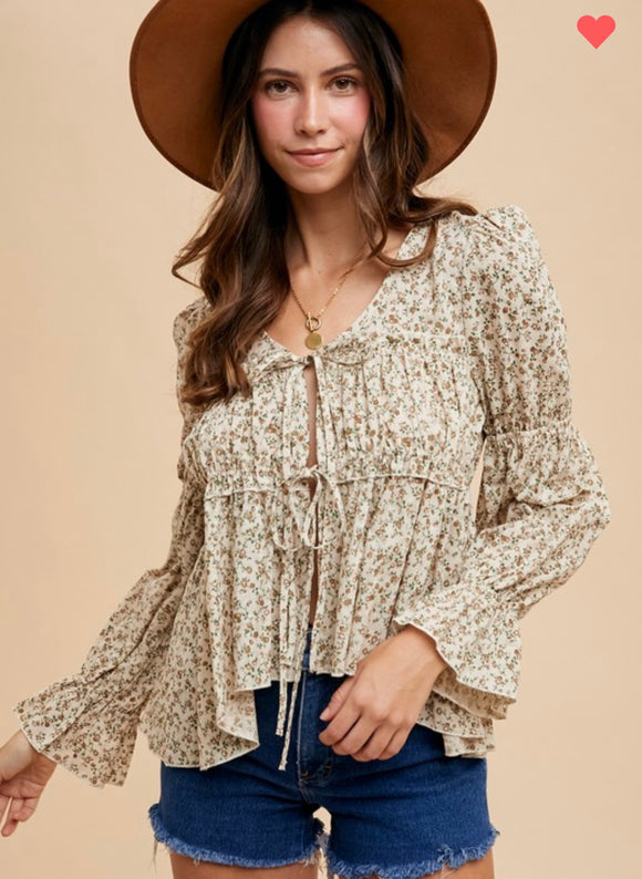 Ditsy Print Front Tie Blouse