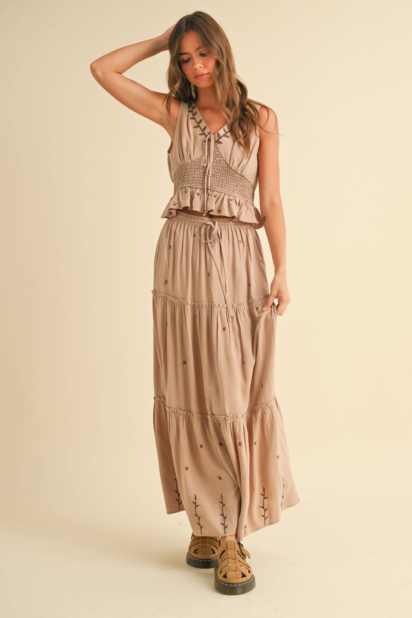 Embroidered Tiered Midi Skirt