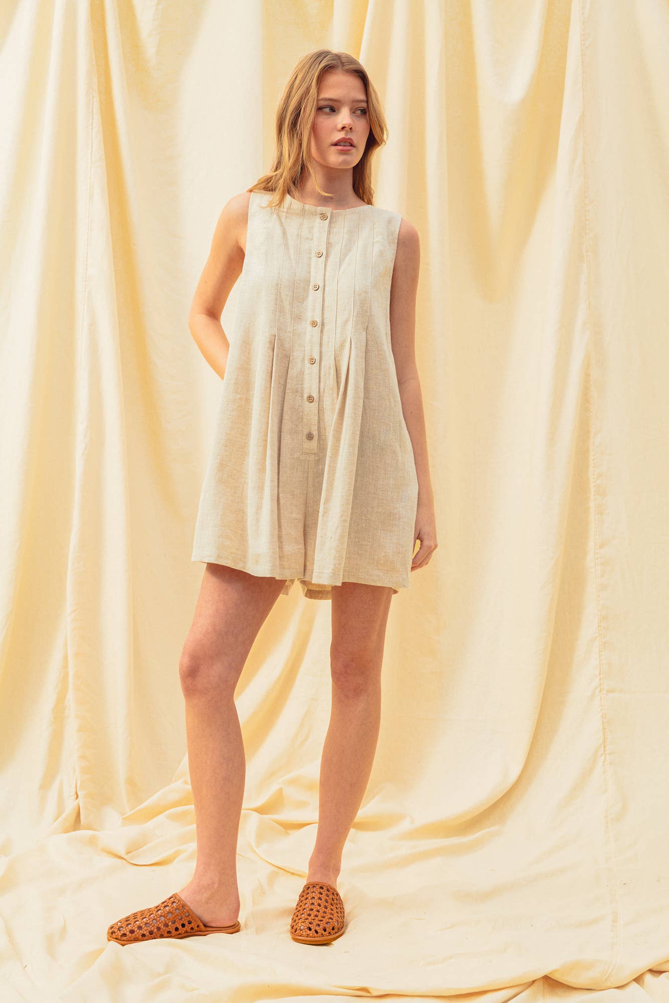Pleated Front Linen Romper