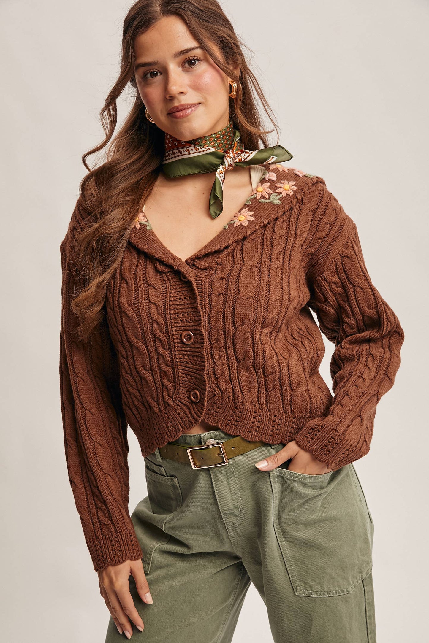 Cable Knit Embroidered Collar Cardigan