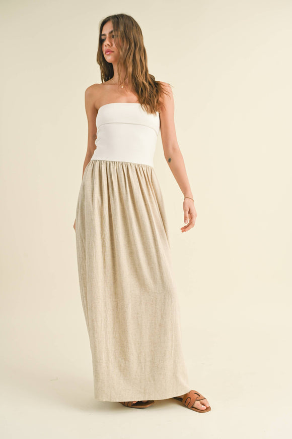 LINEN WITH RIBBED KNITTED TOP COMBO DRESS