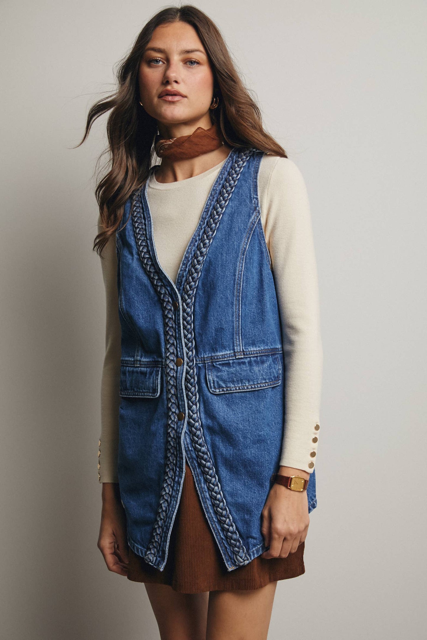 Braided Trim Denim Vest
