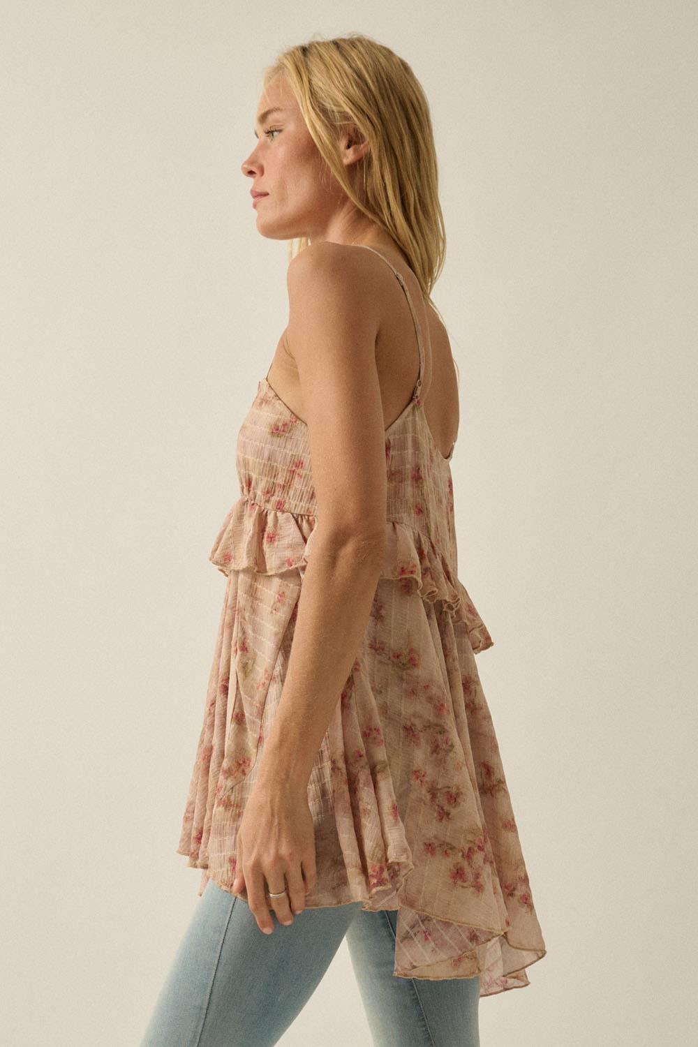 Floral-Print Chiffon Ruffled Babydoll Cami Top