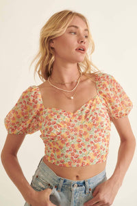 Floral Cropped Sweetheart Puff Criss Cross Top