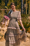 SMOCKED FLORAL CHIFFON MAXI DRESS