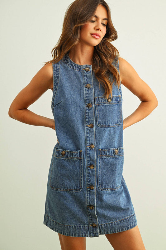 Sleeveless Button Front Denim Dress