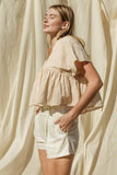 V-NECK WIDE SHOULDER RUFFLE TOP