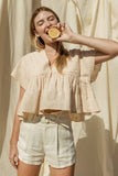 V-NECK WIDE SHOULDER RUFFLE TOP
