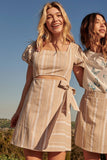 Striped Square Neck Puff Cutout Wrap Mini Dress