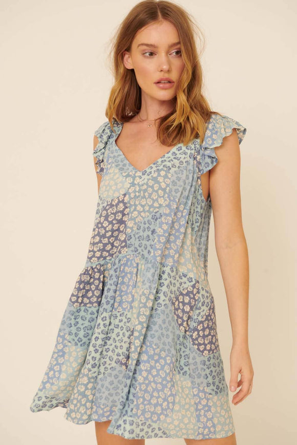 Floral Patch-Print V Neck Ruffle Mini Sundress