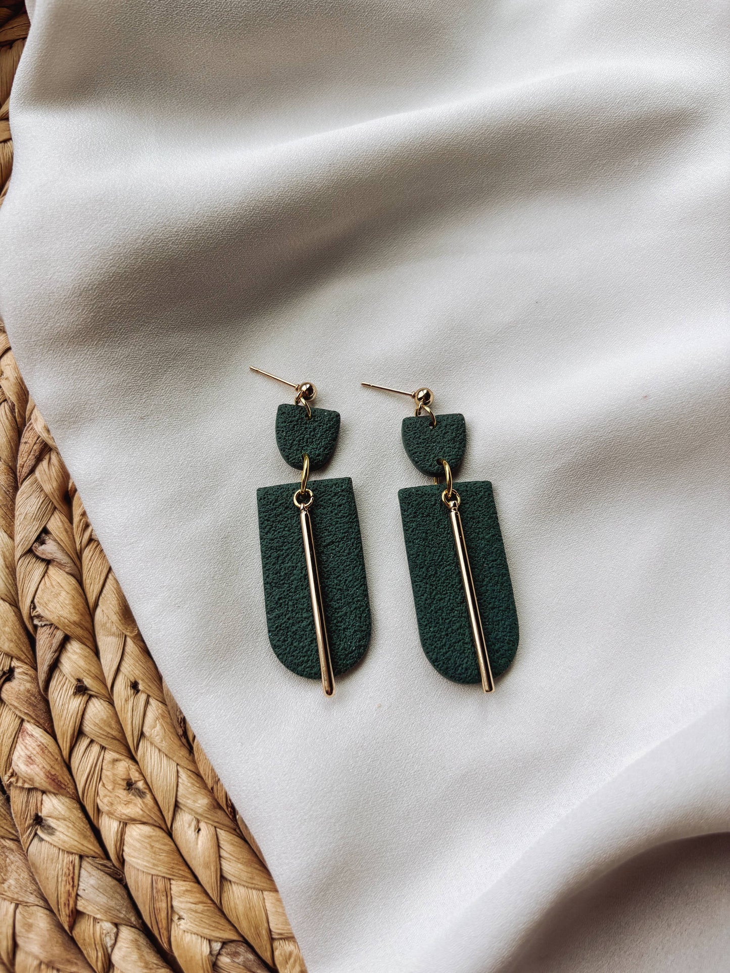 Minimalist Green Earrings with Gold Bars