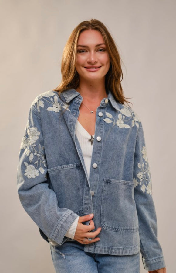 Denim Work Jacket With Floral Embroidery