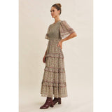 SMOCKED FLORAL CHIFFON MAXI DRESS