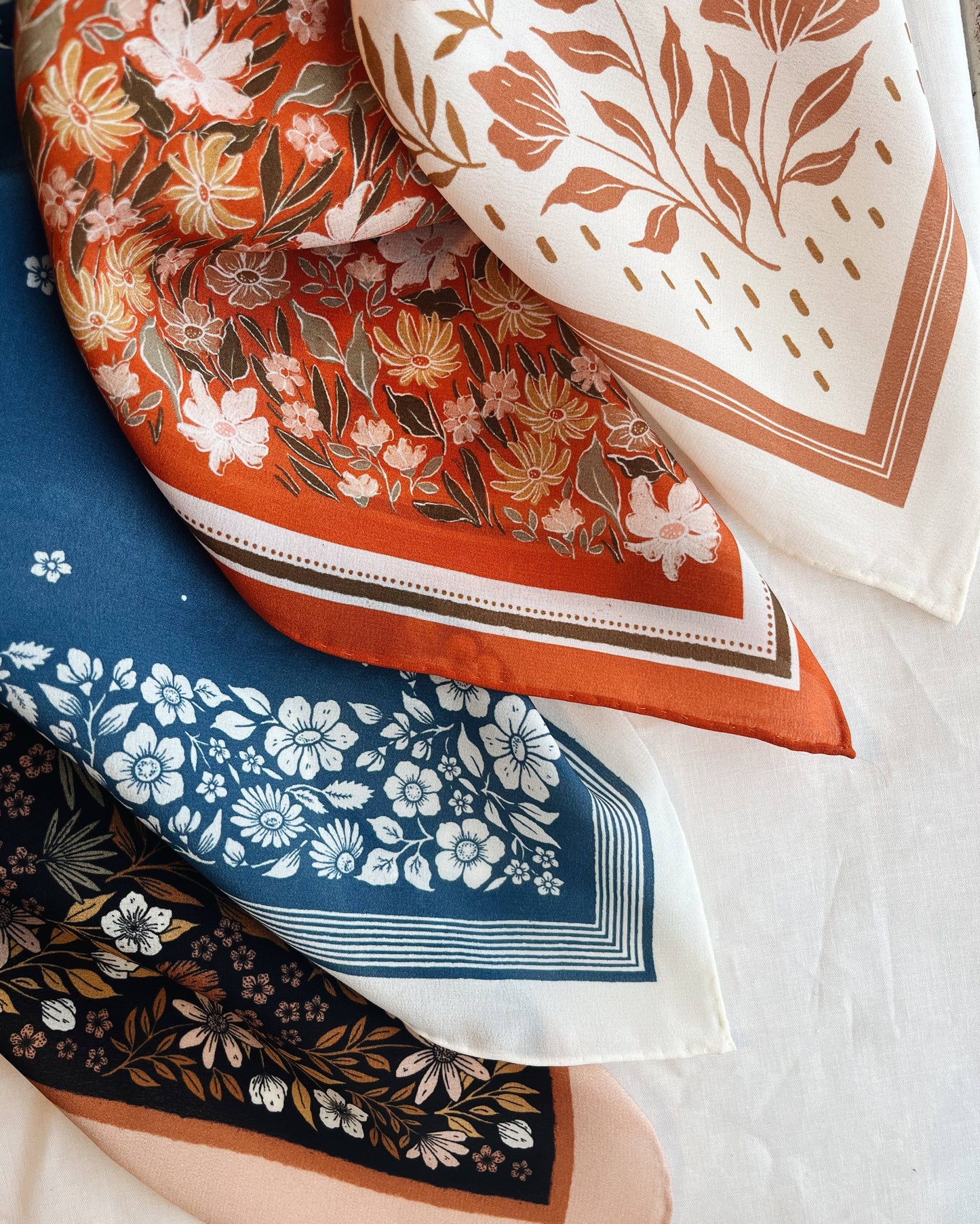 100% Silk Bandana Scarf -Santorini Floral China Blue Western