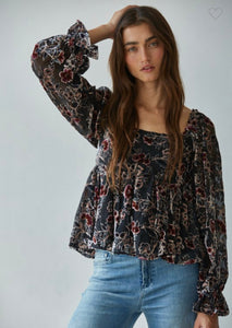 Velvet Mesh Floral Square Neck Top