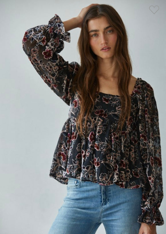 Velvet Mesh Floral Square Neck Top