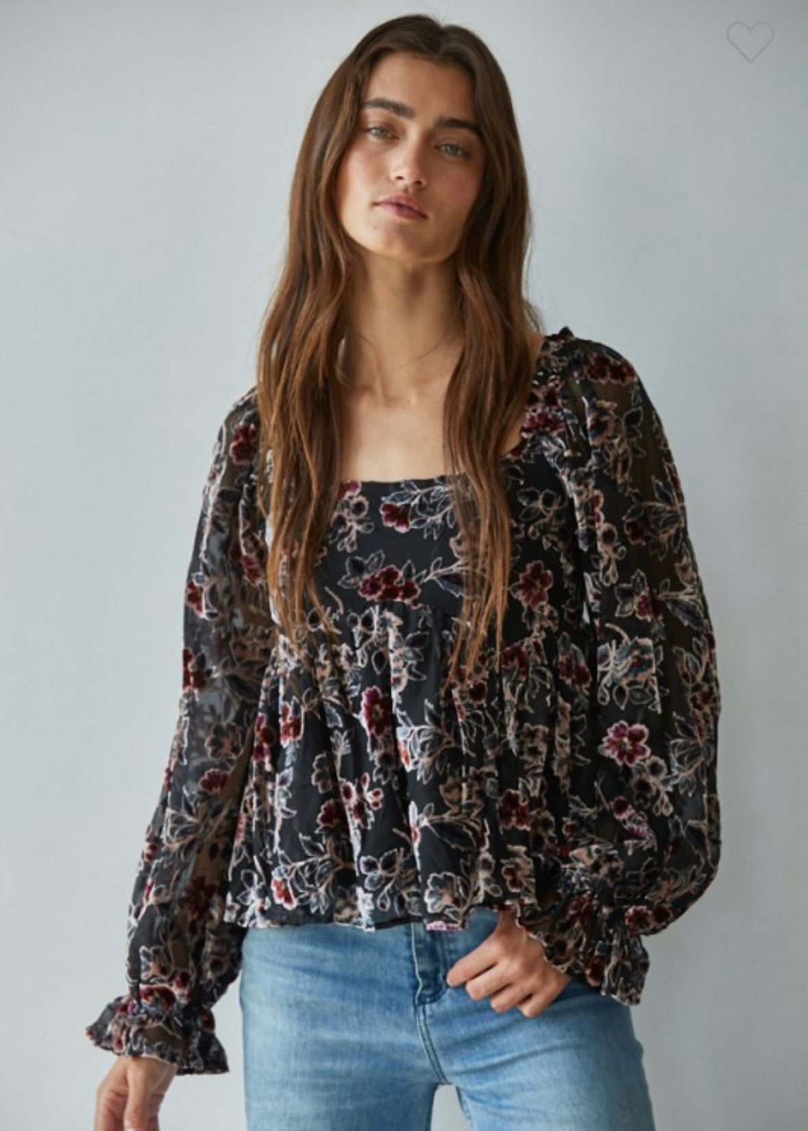 Velvet Mesh Floral Square Neck Top