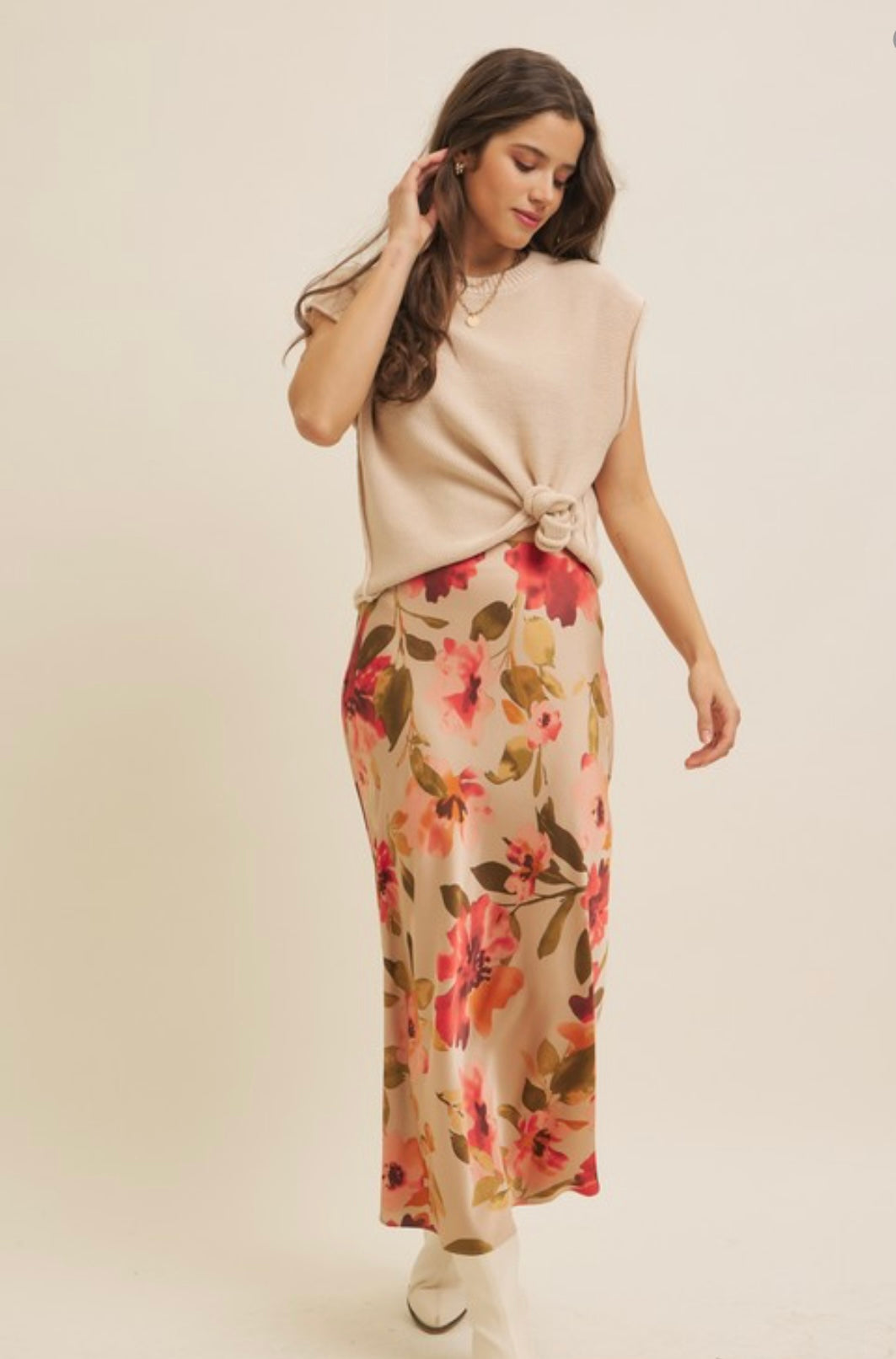 Floral Printed Satin Bias Cut Maxi Skirt