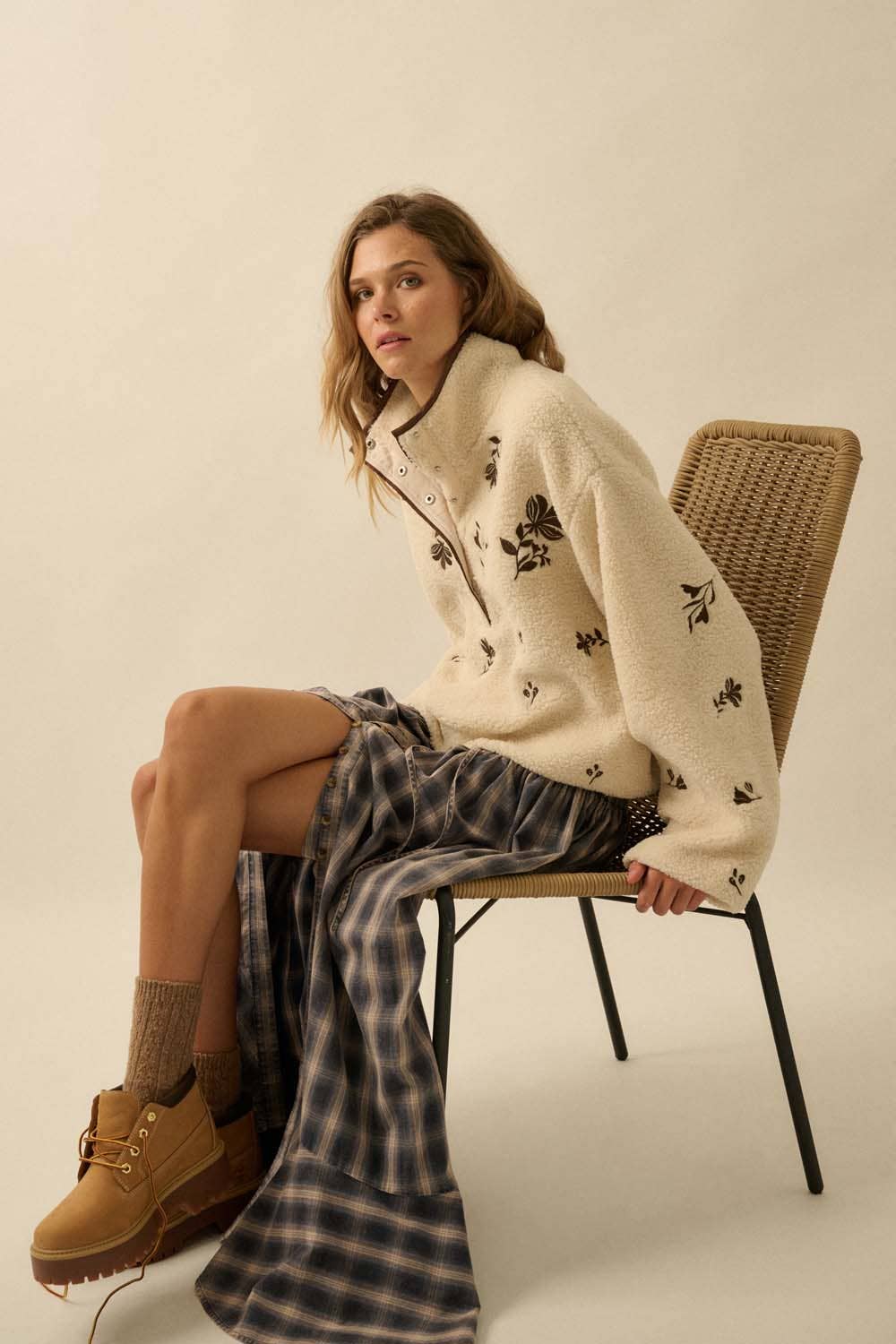 Floral-Embroidered Fleece Pullover