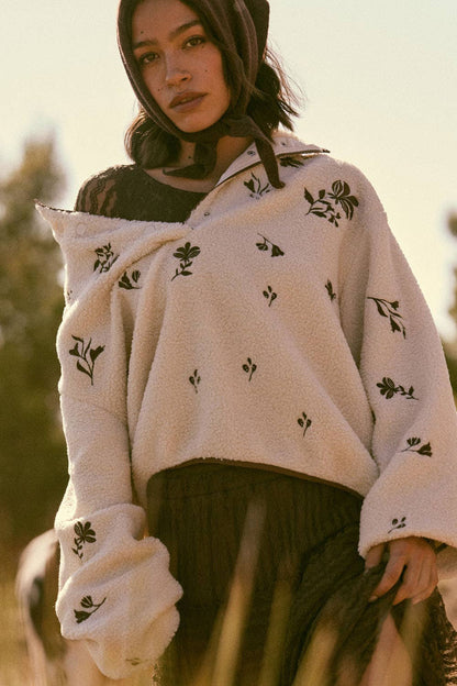 Floral-Embroidered Fleece Pullover