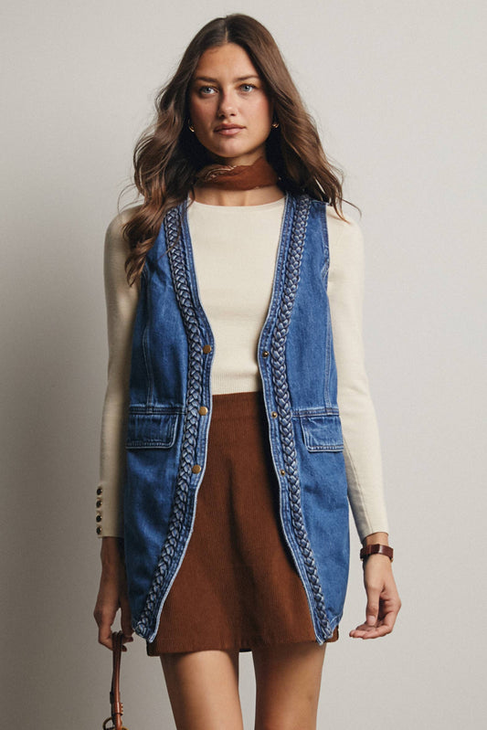 Braided Trim Denim Vest