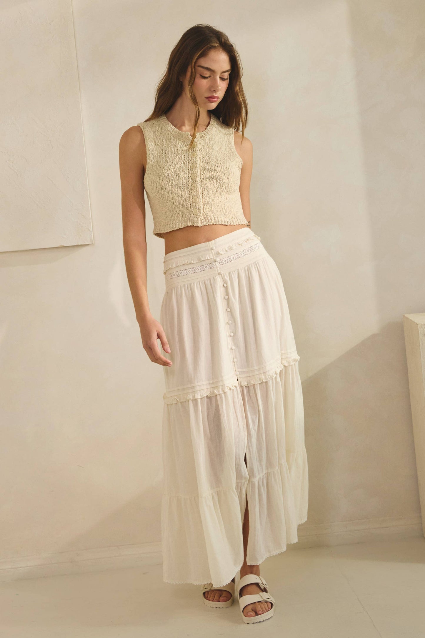 Cotton Tiered Midi Skirt